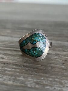 Vintage Sterling Silver Native American Ladies Turquoise Inlay Ring Band 7