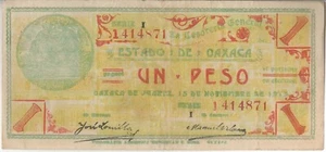 MEXICO BANKNOTE 1 S953c SER I 1915 EF Tesorería General del Estado de Oaxaca - Picture 1 of 2