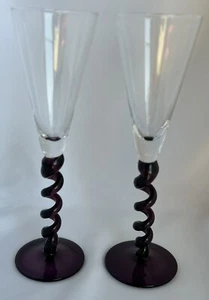 Champagne Flutes TWISTED SPIRAL STEM Set Of 2 Hand Blown Glass Purple 10.75”Tall - Picture 1 of 3