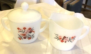 Vintage Fire King Milk Glass Primrose Creamer Sugar Bowl & Lid Set - Picture 1 of 4