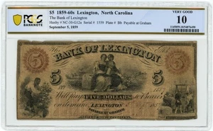 NC-30 $5 1859-60s Lexington NC The Bank Of Lexington en muy buena condición 10 PCGS 950414-26 - Imagen 1 de 3