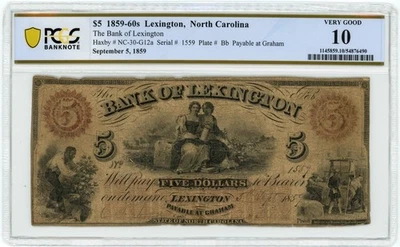 NC-30 $5 1859-60s Lexington NC The Bank Of Lexington VG 10 PCGS 950414-26 - Image 1 of 3