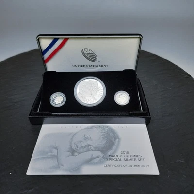 2015 US Mint March of Dimes Silver Proof Set 3-Coin Reverse PRF Box+COA - Image 1 of 3