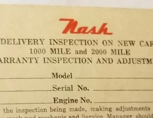 Nash vtg document New Car Delivery Inspection Warranty Form 1942 - Picture 1 of 10