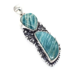 Green Amazonite Pendant For Women's Gift 925 Sterling Silver Plated Jewelry 2.2" - Picture 1 of 5
