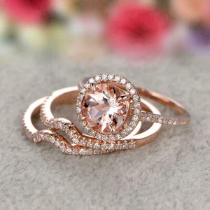 3.20 CT Round Cut Simulated Morganite Halo Wedding Ring Set 14k Rose Gold Plated - Picture 1 of 6