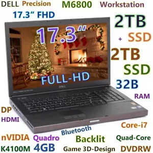 Workstation DELL M6800 i7-Quad FAST 3TB SSD 32GB 17.3" FHD Quadro K4100M 4GB - Picture 1 of 11