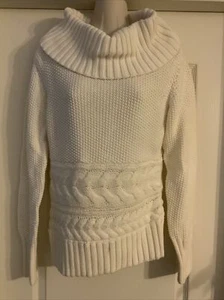 “White House Black Market” White Knitted Chunky Cable Collared Sweater Sz M - Picture 1 of 5