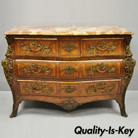 French Louis XV Style Inlaid Marble Top Bombe Commode Chest with Bronze Figures Cover
