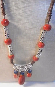 Red/Orange Blue CERAMIC ST 28" Leather Necklace SOUTH WESTERN COUNTRY - Picture 1 of 2
