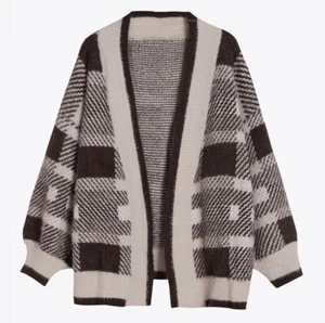 New Women's Plaid Knit Long Open Front Brown Tan Cardigan Sweater Sz M - Picture 1 of 5