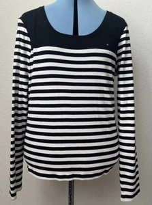 NWT Tommy Hilfiger Womens Black White Striped Long Sleeve Tee Shirt Top XL - Picture 1 of 7