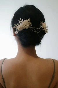 Dual Floral Headpiece w. Swarovski Crystals & Pearl in Silver | Handmade - Picture 1 of 11
