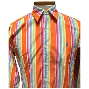 Camisa Ralph Lauren colorida a rayas para hombre manga larga con botones naranja talla M - Imagen 1 de 9