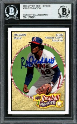 Tarjeta de héroes de béisbol Rod Carew Auto 2008 Upper Deck 103 Angels Beckett Foto 1 de 2