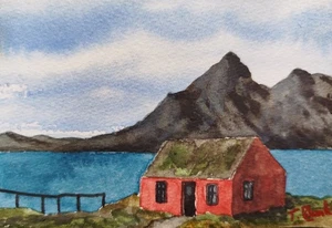 ORIGINAL AQUARELL - Häuschen auf den Lofoten, Norwegen - Picture 1 of 1