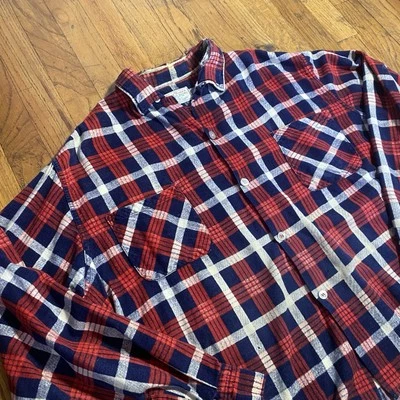 Vintage 50s Flannel Loop Collar Shirt Cotton L Crop Blue / Red Plaid Rockabilly - Image 1 of 4
