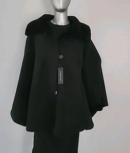 💫Katherine Kelly Genuine Shearling Point Collar  Cape Black Coat💫   - Picture 1 of 16