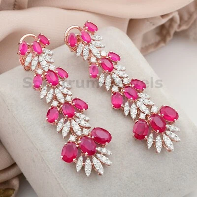 Pendientes colgantes de diamantes H/SI de oro rosa de 18 quilates con piedras preciosas procesadas rosa regalo 15,60 Tcw Foto 1 de 4