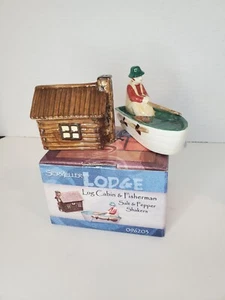 Log Cabin And Fisherman In Boat Salt And Pepper Shakers - Picture 1 of 9