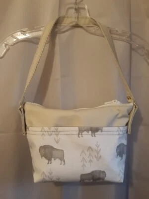 NEW Southwestern Faux Leather & Canvas Buffalo print mini Tote bag Purse Ivory - Image 1 of 4