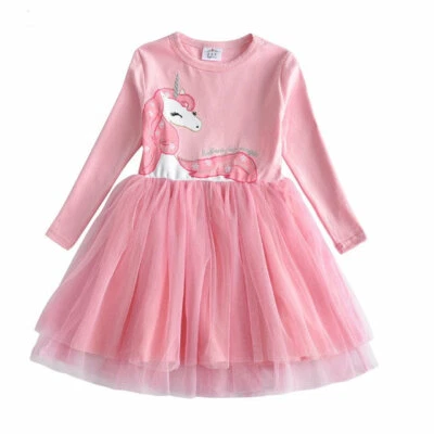 NEW Unicorn Girls Pink Long Sleeve Tutu Dress 3-4 4-5 5-6 6-7 7-8 - Image 1 of 3