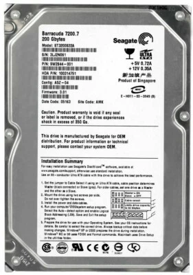 Hard Seagate barracuda 7200.7 200GB 7200U/Min 8MB Ata ST3200822A 3.5 " Inch - Image 1 of 3