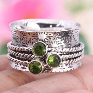 925 Sterling Silver Peridot Gemstone Spinner Band Ring Customize Size UK J to Z - Picture 1 of 10