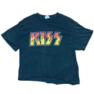 Vintage 2001 Kiss Flames Logo Concert T Shirt Large Farewell Tour Cropped - Picture 1 of 12