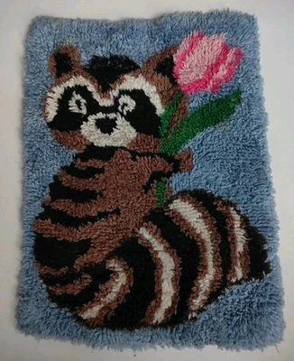 Vintage 70s Raccoon With Flower Blue Background  Latch Hook Rug 19" x 26" - Image 1 of 4