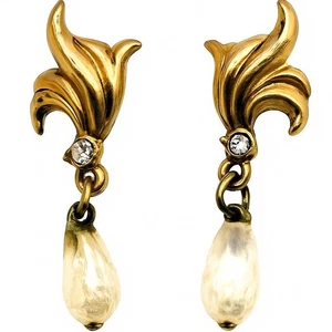 Vintage Gold Plated Rhinestone Faux Pearl Dangle Earrings Elegant Drop Jewelry - Picture 1 of 9
