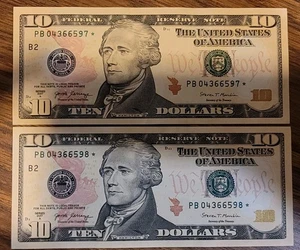 Uncirculated SEQUENTIAL TWO $10 STAR NOTES TEN Dollar Bills Series 2017A - Picture 1 of 3