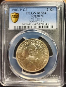 Dinamarca 1903 2 Coronas 40 Años Plata Conmemorativo Graduado PCGS MS64 - Imagen 1 de 2