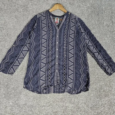 Johnny Was Shirt Womens Small Gray Button Up Blouse Top Embroidered Boho Roll Up - Image 1 of 4
