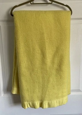 Vintage Blanket King Yellow Acrylic Waffle Weave Satin Trim Large 106X 94 Throw - Image 1 of 4