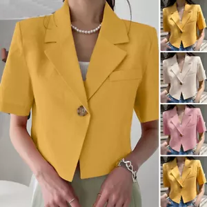 Women Summer Short Sleeve Lapel Neck Tops Suit Blazer One Buttons Coat Jacket - Picture 1 of 15