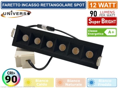 FARETTO INCASSO RETTANGOLARE SPOT COB LED 12W DA INCASSO CRI >90 1000LM UGR<19 - Immagine 1 di 2