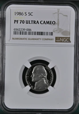 1986 S Proof Jefferson Nickel NGC PF 70 Ultra Cameo - Image 1 of 2