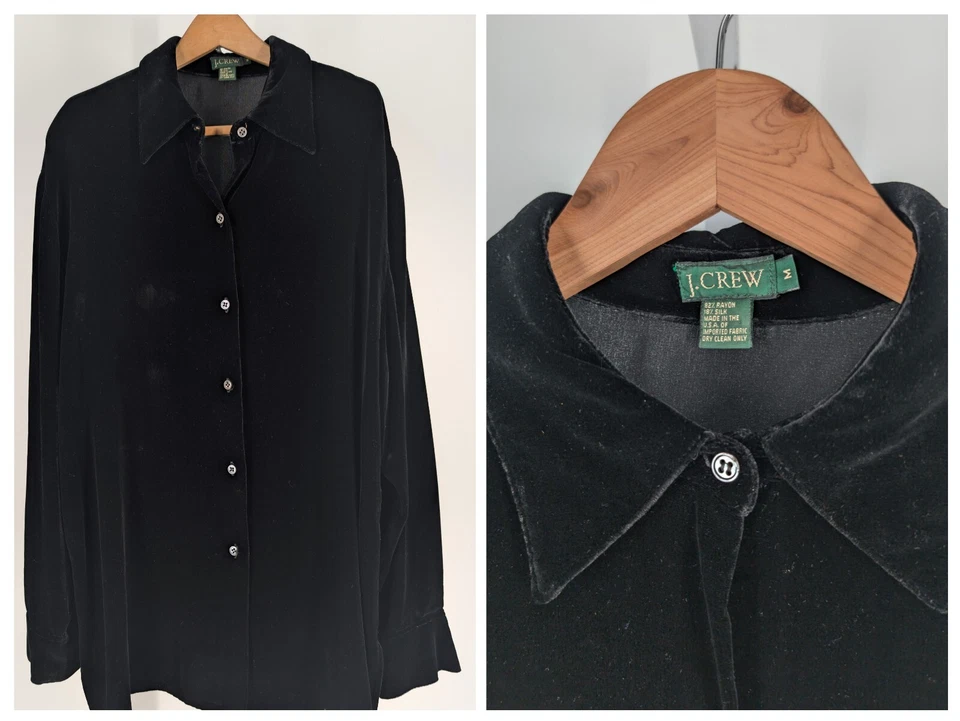 Camisa J Crew De Colección Años 90 Hecha en EE. UU. Terciopelo Aplastado Rayón Seda Talla Grande Negra M Foto 1 de 4