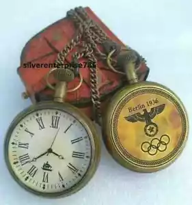 Vintage Brass Pocket Watch Antique Berlin 1936 with Leather Box Gift Marine - Picture 1 of 5
