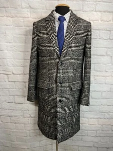 H&M Mens Gray GLEN PLAID Wool SLIM FIT Button-Front Topcoat OVERCOAT SIZE 36R - Picture 1 of 10