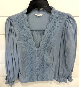 MINE Damen kurzes Oberteil Spitzenbluse lang Rüschenärmel elastische Taille blau Größe L - Bild 1 von 4