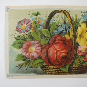 Victorian Greeting Card Basket Flowers Red Rose Pink Yellow Blue Floral Antique - Imagen 1 de 12