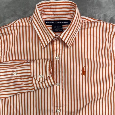 RALPH LAUREN SPORT Long Sleeve Button Up Shirt Women's 2 Striped Orange White - Image 1 of 4