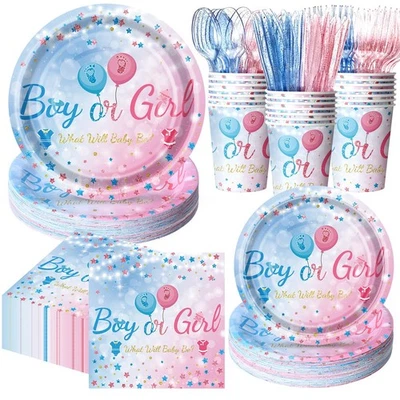 Gender Reveal Plates and Napkins Cups Sets with Spoons Forks Knives for Pink ... - Image 1 of 4