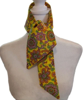 Vtg 1960s Mod Neon Paisley Floral 32" Cravat Neckerchief  Head Scarf Hair Tie - Image 1 of 4