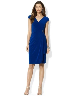 AMERICAN LIVING Cap-Sleeve Surplice Draped w Brooch Sheath Jersey Dress, 2 Blue - Image 1 of 2