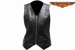 Women's Motorcycle Stylish Pleated Soft Leather Vest w/ Zippered Front Closure - Bild 1 von 6
