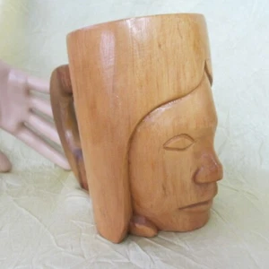 Vintage Hand Carved Wooden Face Head Mug WOOD pencil Cup PHILLIPINES - Picture 1 of 9