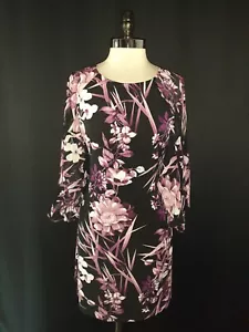 NEW CONNECTED Size 8 Sheath Dress Black Purple Floral 3/4 Sleeve Stretch - Picture 1 of 7